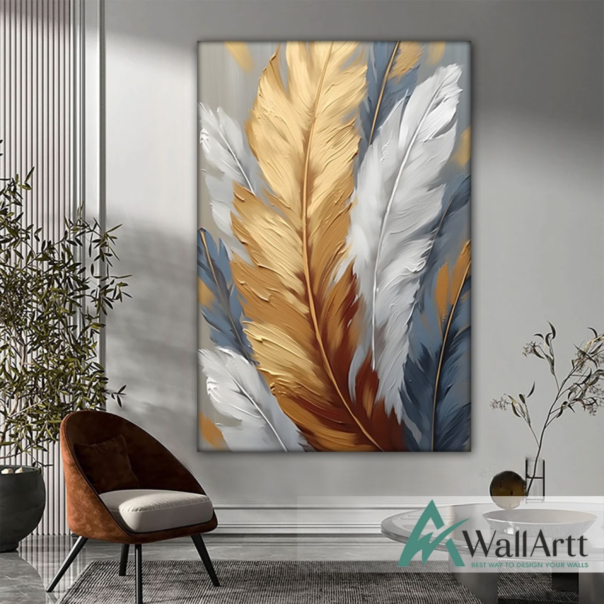 Gold White Feather Textured Partial Oil Painting - Wall Art